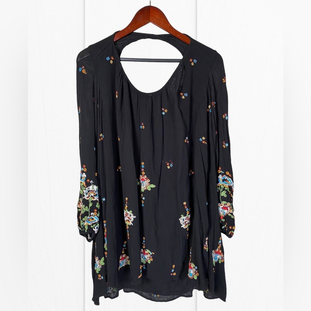 Free People Black Floral Long Sleeve Embroidered Mini Dress Size Small